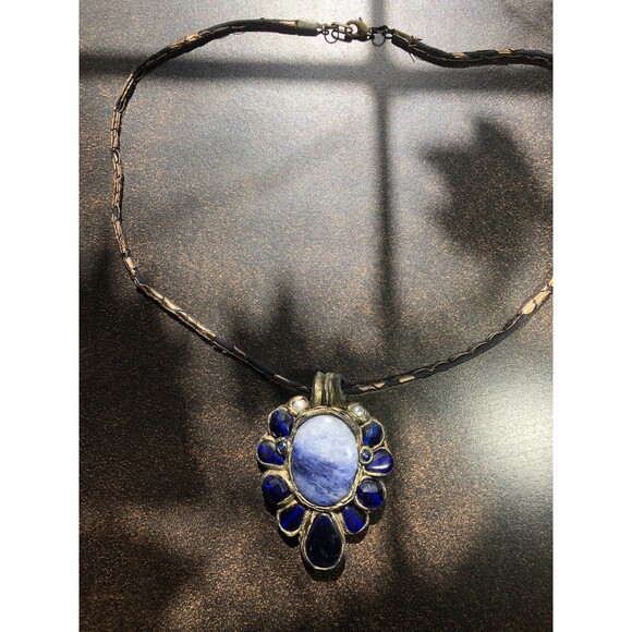 NECKLACE Sodalite And Lapis Lazuli Flower Pendant Handmade/Signed By Artisan - Picture 2 of 14